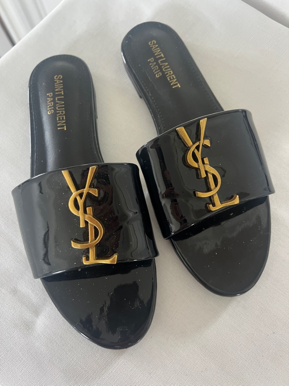 Saint Laurent Black Patent Slide Mules with Gold Logo